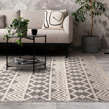 Asra Modern Boho Geometric Hand-Woven Textured Hi-Low Ribbed Bobbled Wool Fringe Flatweave Black/Cream Rug-Asiatic Carpets-Rug Love - The Most Loved Rug Store